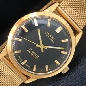Vintage 1975 Montine Of Switzerland  Manual Mens Gold Watch W/Gold Strap